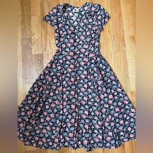 Vintage 80s Starina Floral Button Down Midi Boho Dress in Black Peach  Medium